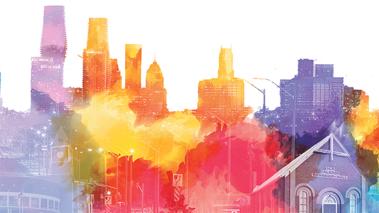 A colourful abstract image of various buildings in Peel region. Caption: Individuals keen to develop a local project to advance equity and inclusion in Peel region will be interested in the Community Leadership Program.